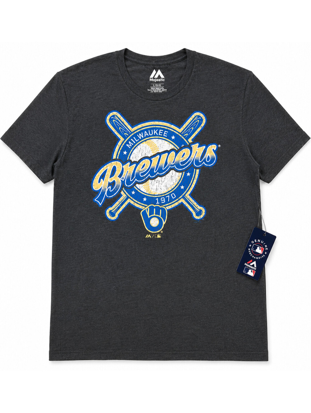 Majestic Milwaukee Brewers Distressed Logo T-Shirt Charcoal Gray NWT Men's L